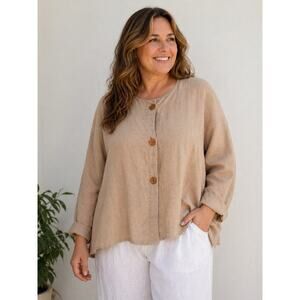 What's Up Vintage 100% Linen Beige Button Front Shirt Lagenlook Womens medium